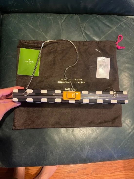 kate spade Black and White Apple Print Clutch with Yellow Taxi Clasp - Picture 5 of 8